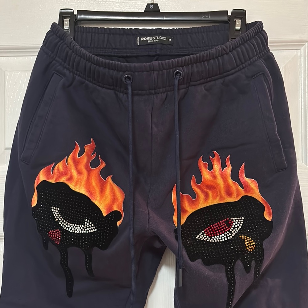 Bokustudio Navy Joggers with Flame Eye Design
